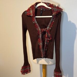 Chic vintage late 90s style Brown Cardigan with Red Accents M 78%silk